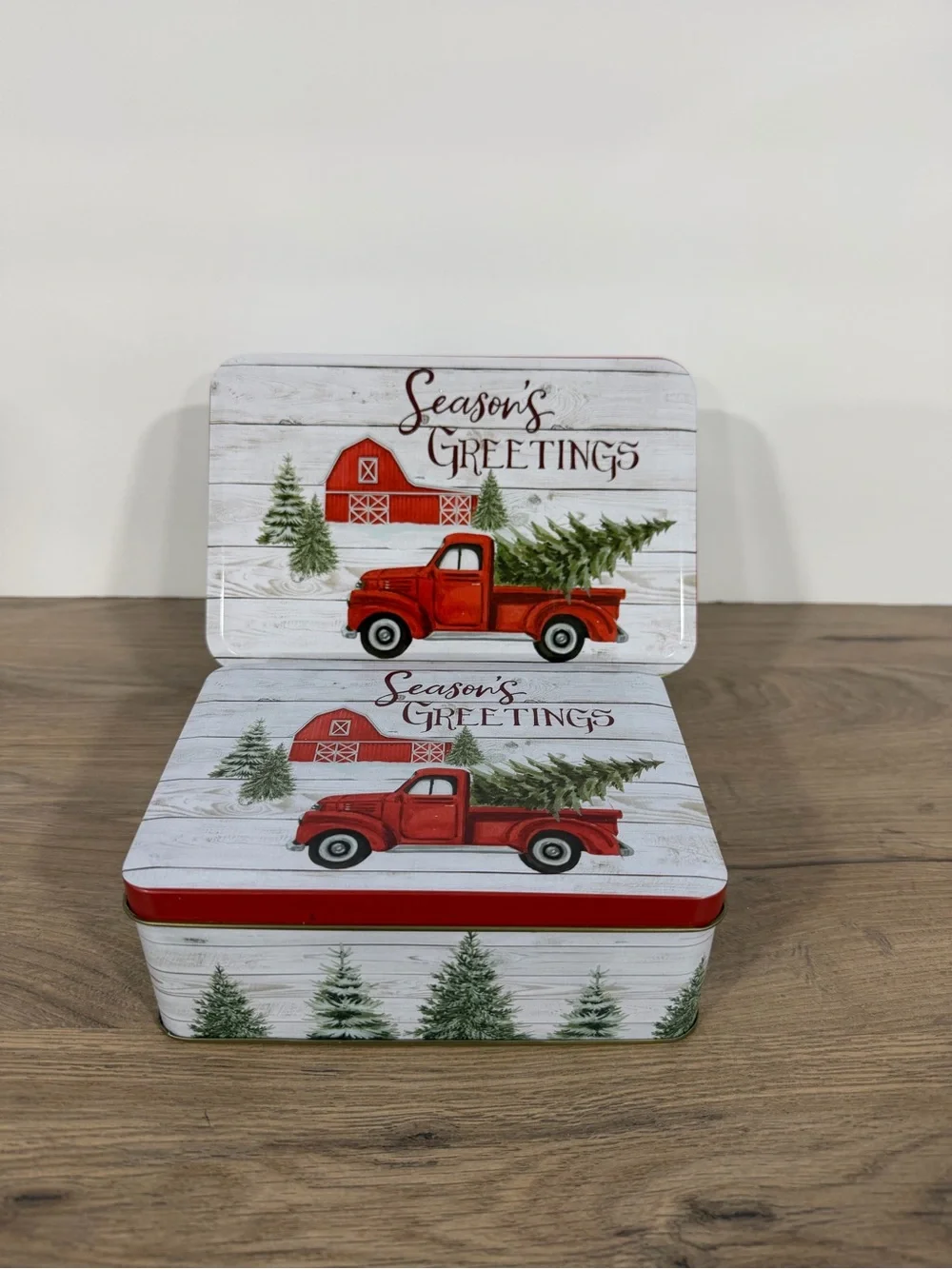 2 Season's Greetings Christmas Red Truck Rectangular Biscuit Tin Box, 1 big 1 sm